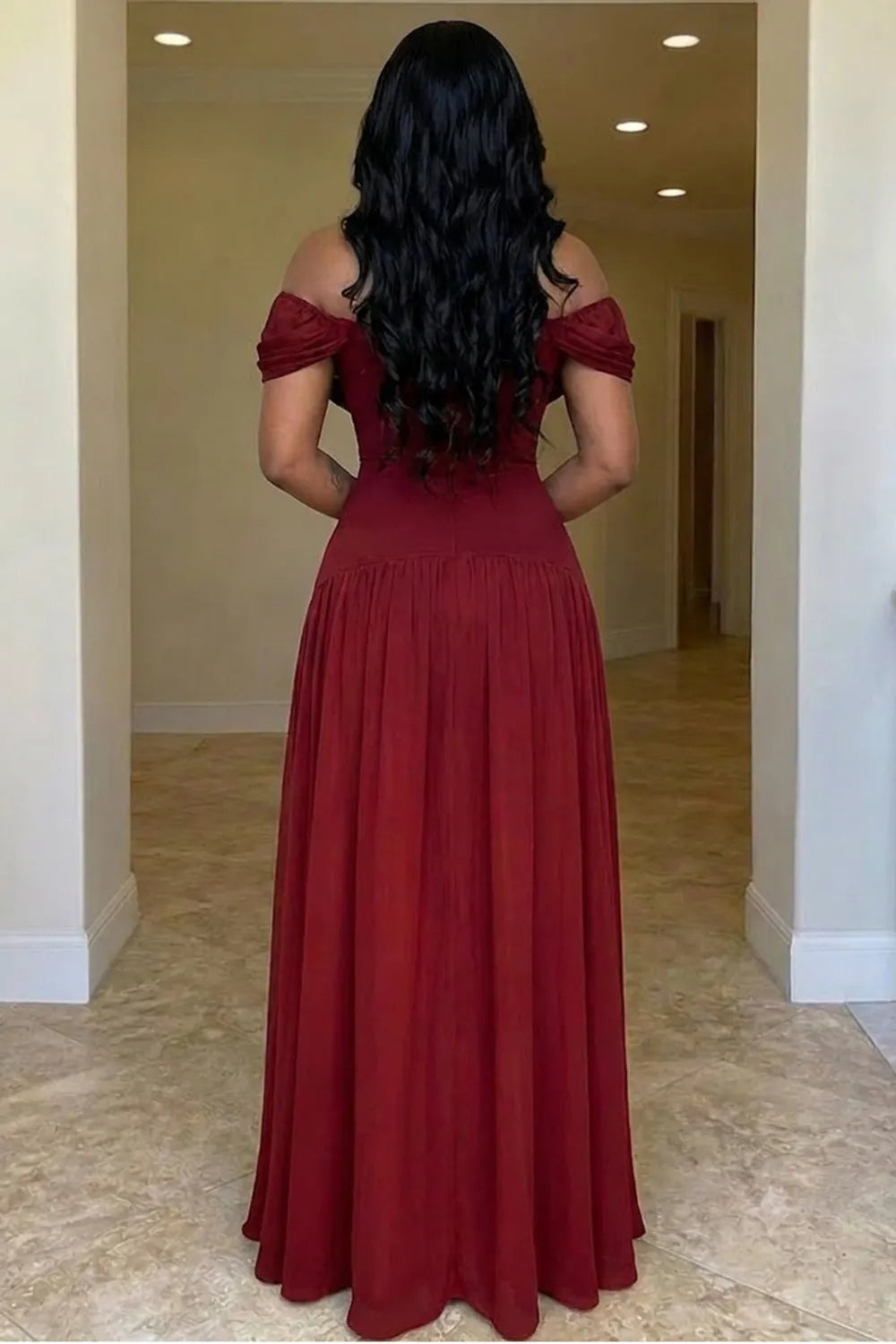 Off Shoulder Draped Cinch Waist Evening Gowns Maxi Dresses-Burgundy