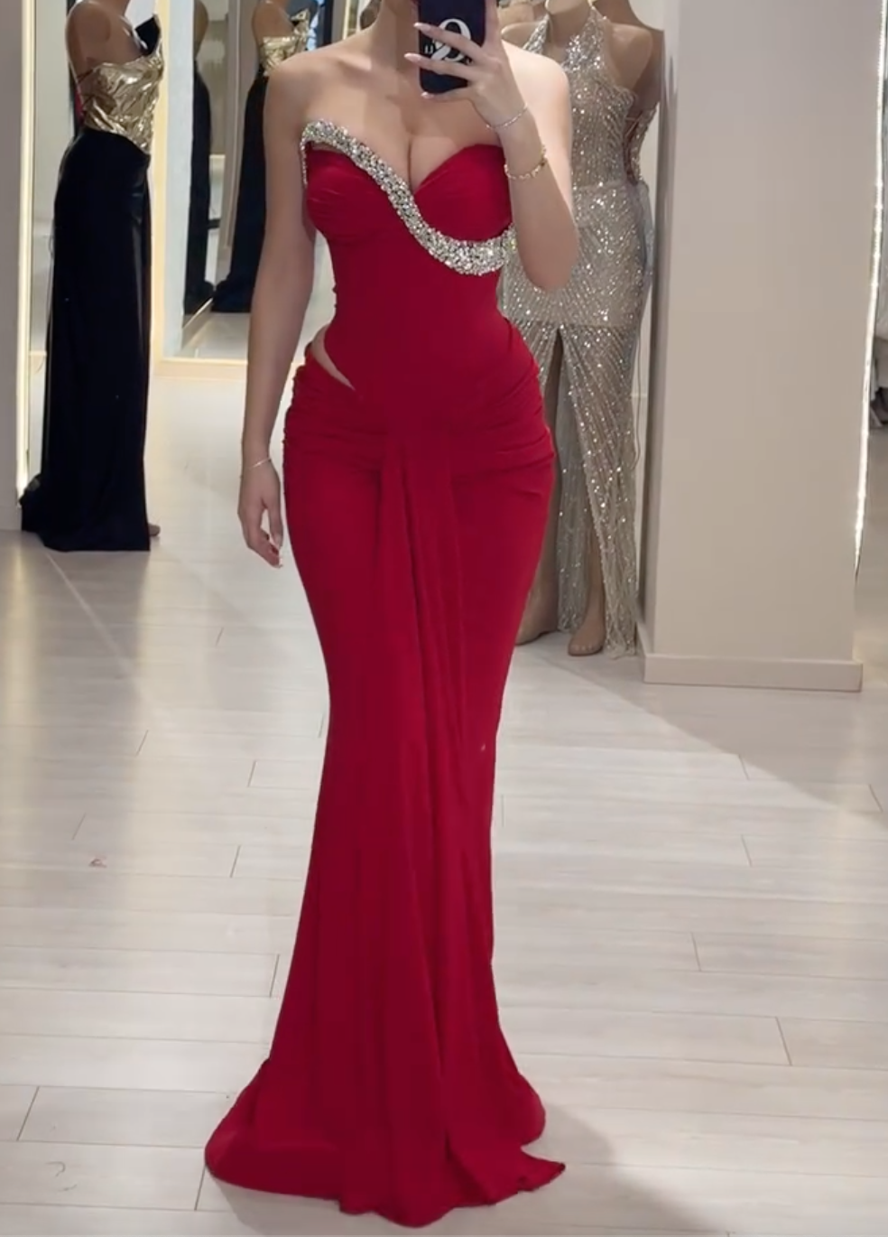 Red Strapless Crystal Trim Mermaid Maxi Dress with Side Cutout