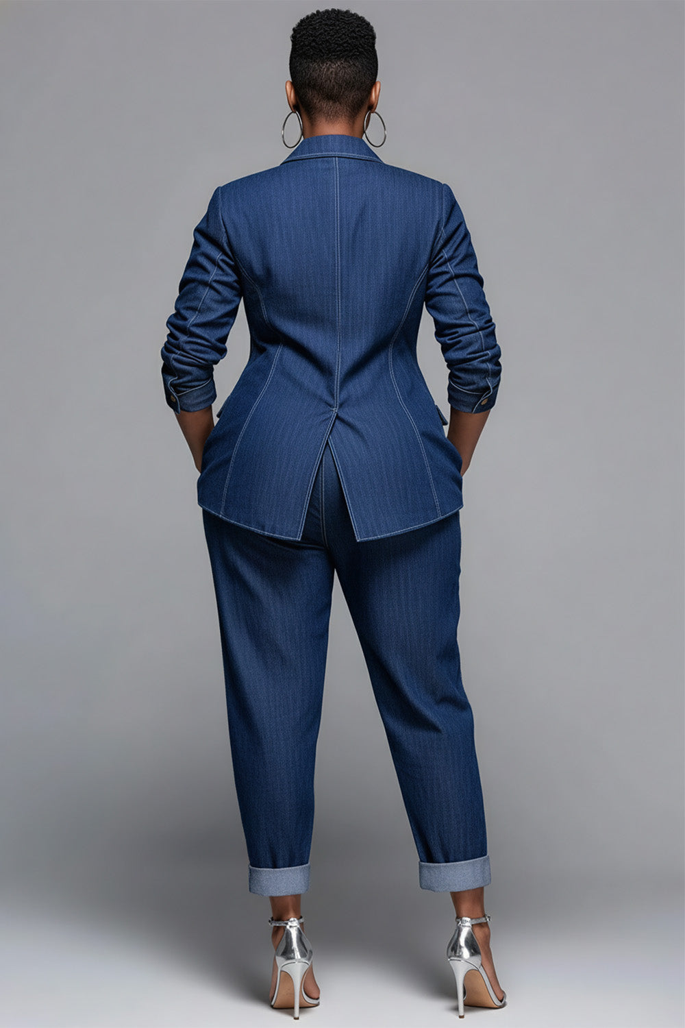Xpluswear Design Plus Size Business Casual Blue Plaid Lapel Collar Long Sleeve Pocket Casual Contrast Denim Two Piece Pant Suits