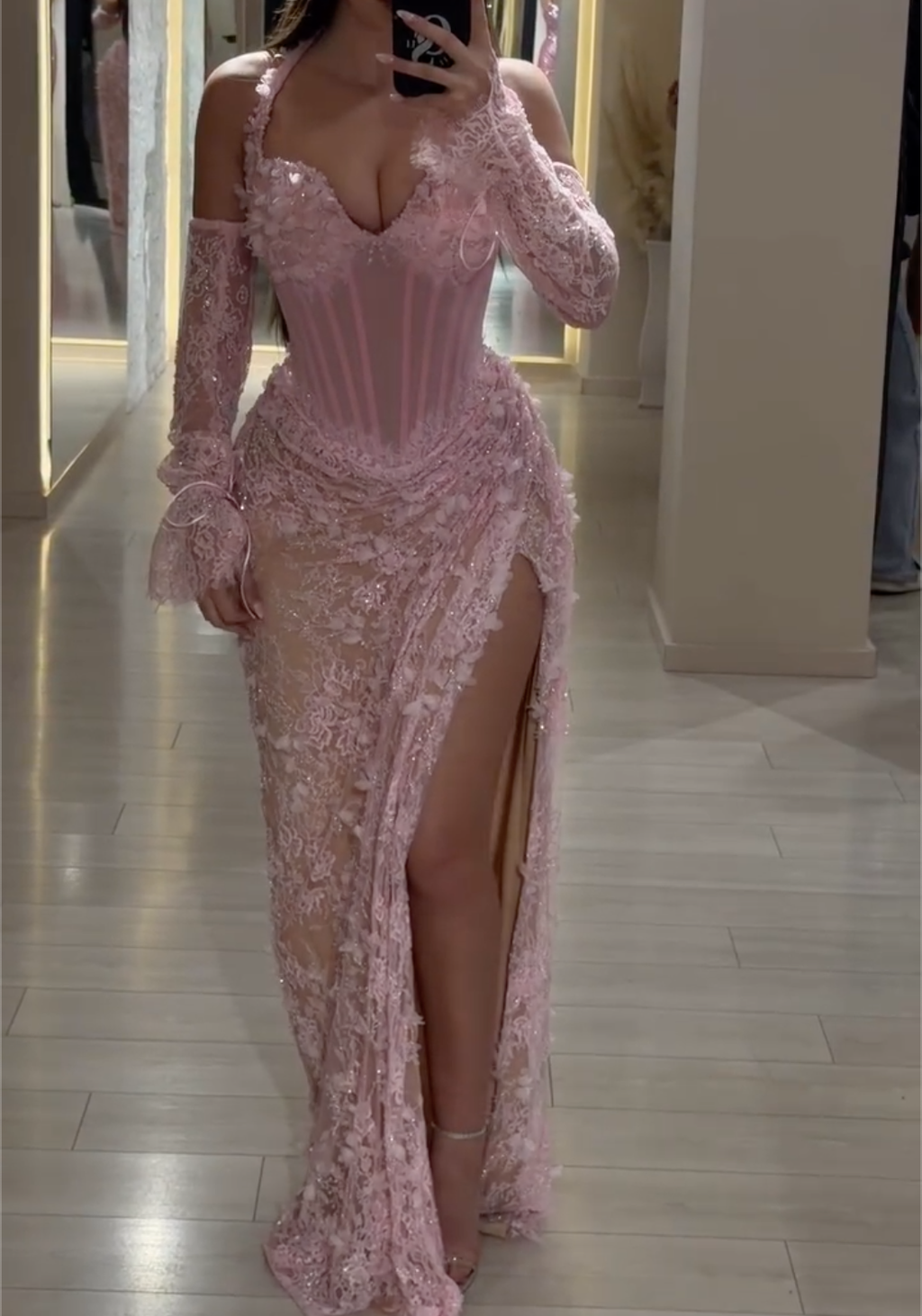 Pink Lace Corset Maxi Dress - Halter Neck Sheer Slit Formal Gown with Detachable Sleeves