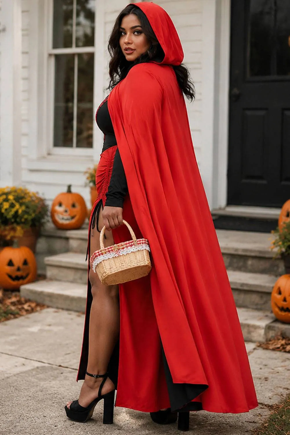 Halloween Costume Red Cosplay Cloak Lace Up Knitted Maxi Dress(Ships 24h)
