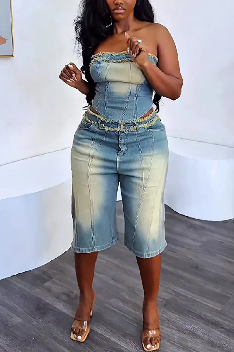 Distressed Trim Bustier Top + High Waist Denim Shorts Set