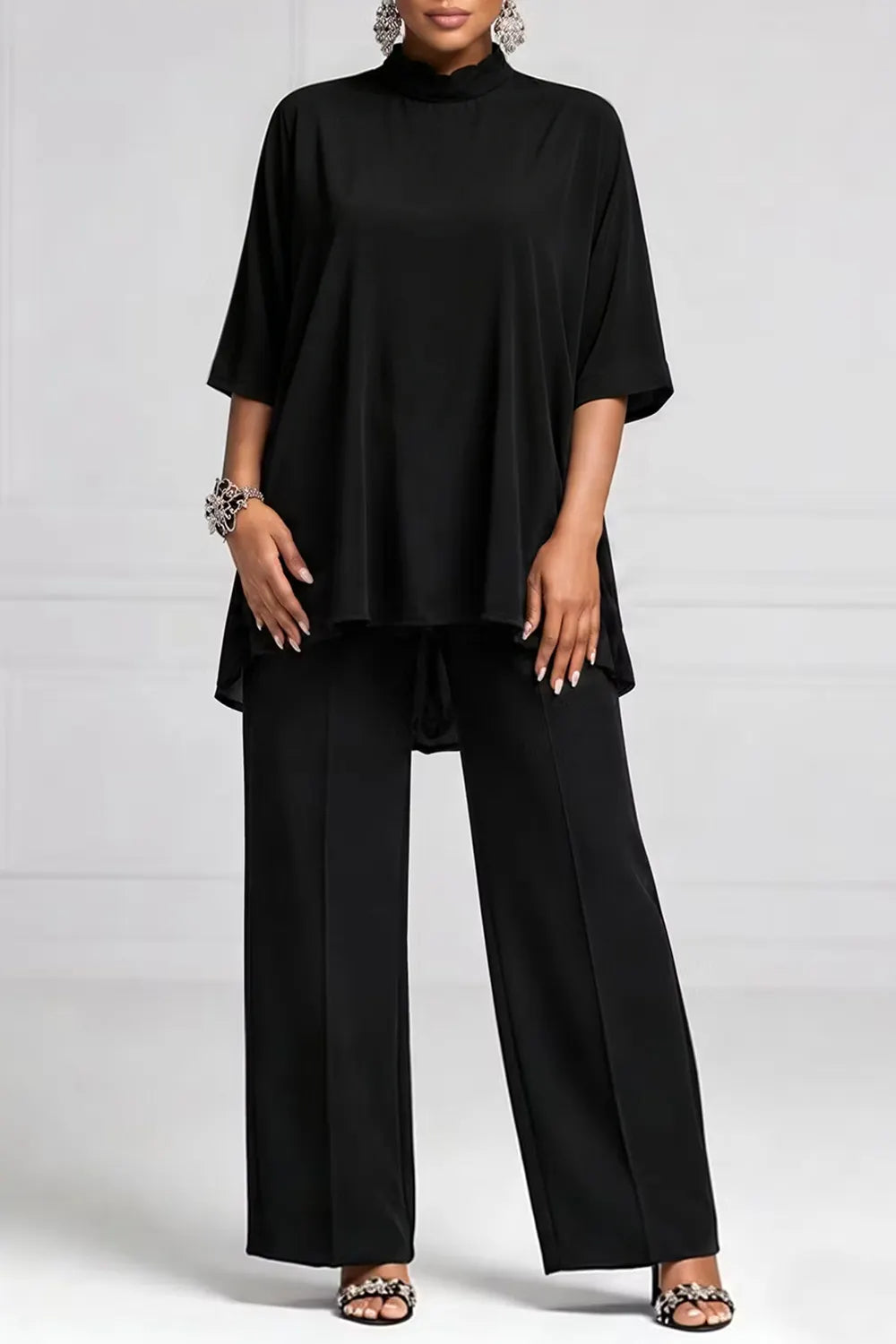 Business Casual Black Mock Neck Short Sleeve Pocket Wide Leg Two Piece Pant Sets