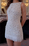 White Pearl Beaded Mini Dress with Fringe Hem