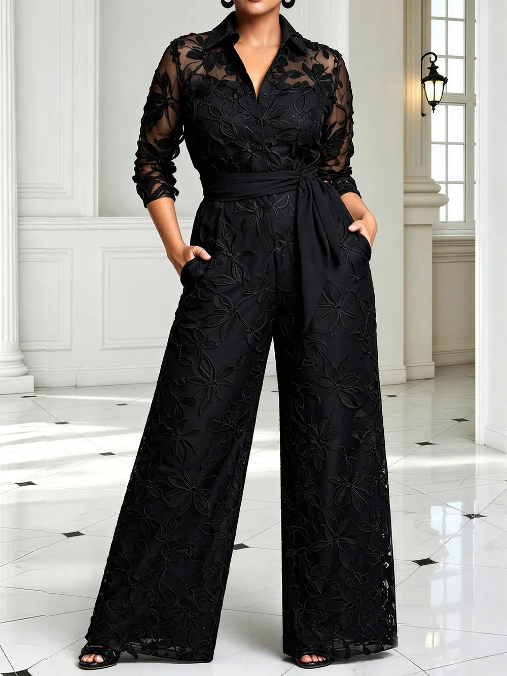 Black Shirt Collar 3/4 Sleeve Pocket Wide Leg Lace Jumpsuits [Pre-Order]
