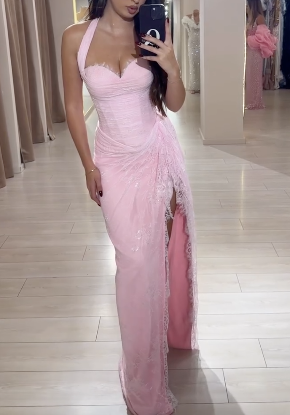 Blush Pink Halter Lace Maxi Dress with Draped Bodice & High Thigh Slit