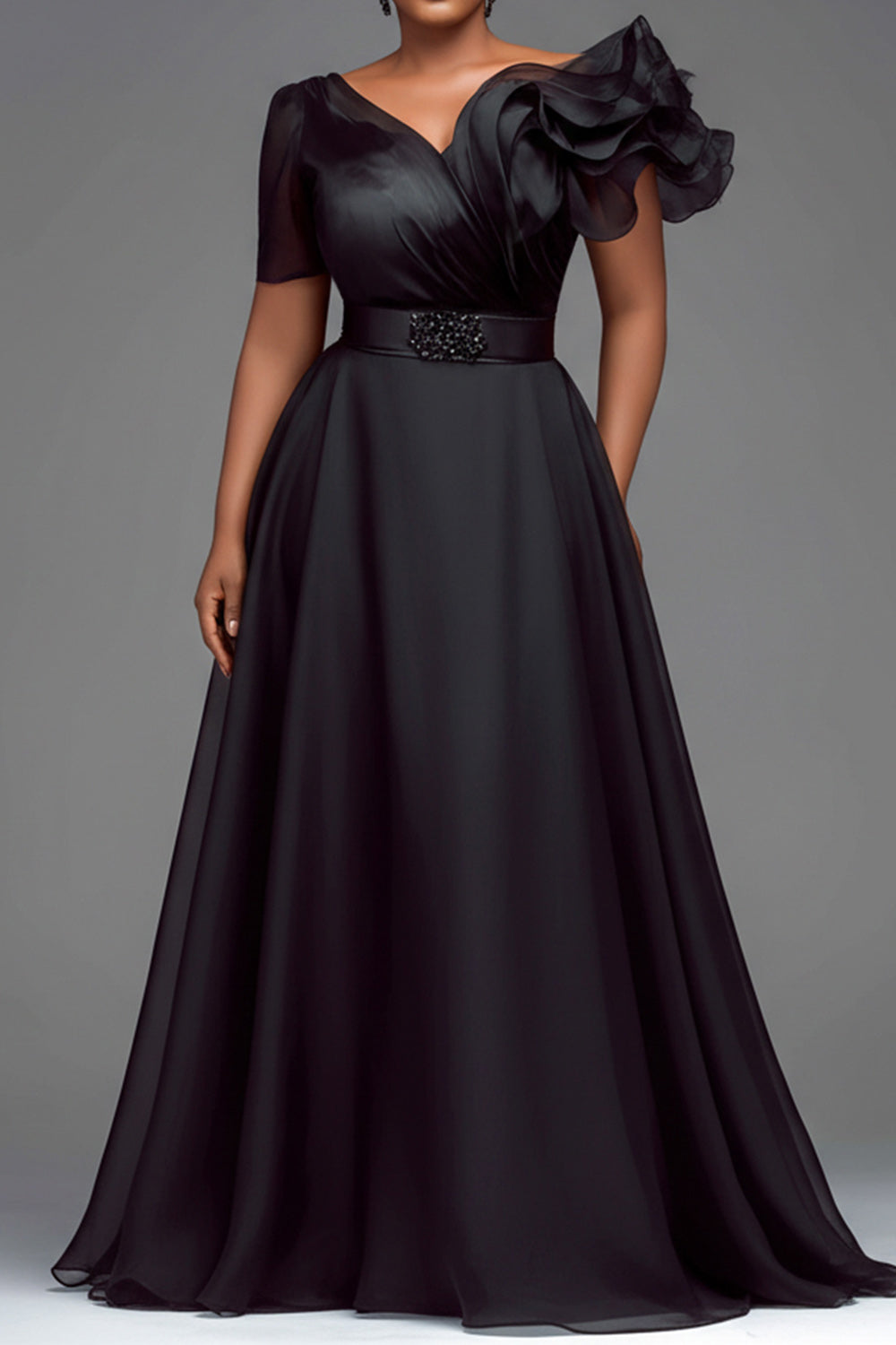 Organza Black V Neck Short Sleeve Ruffle Chiffon Maxi Dresses