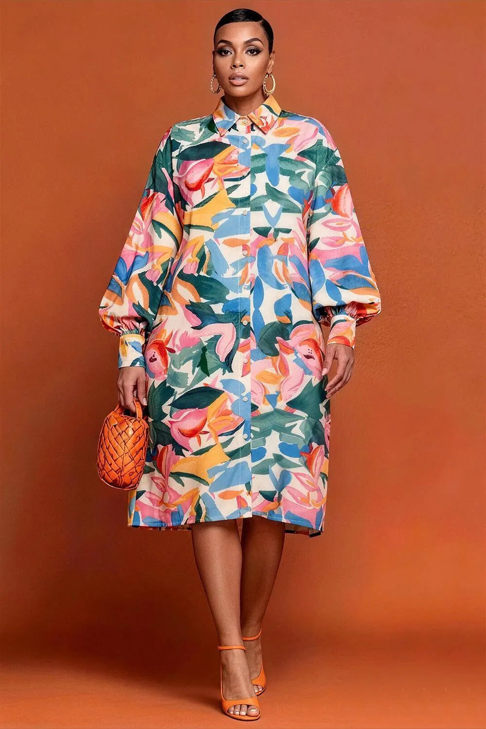 Business Casual Multicolor All Over Print Shirt Collar Long Sleeve Pocket Midi Dresses
