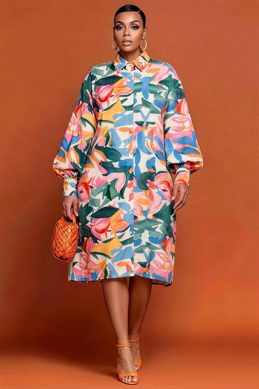 Business Casual Multicolor All Over Print Shirt Collar Long Sleeve Pocket Midi Dresses