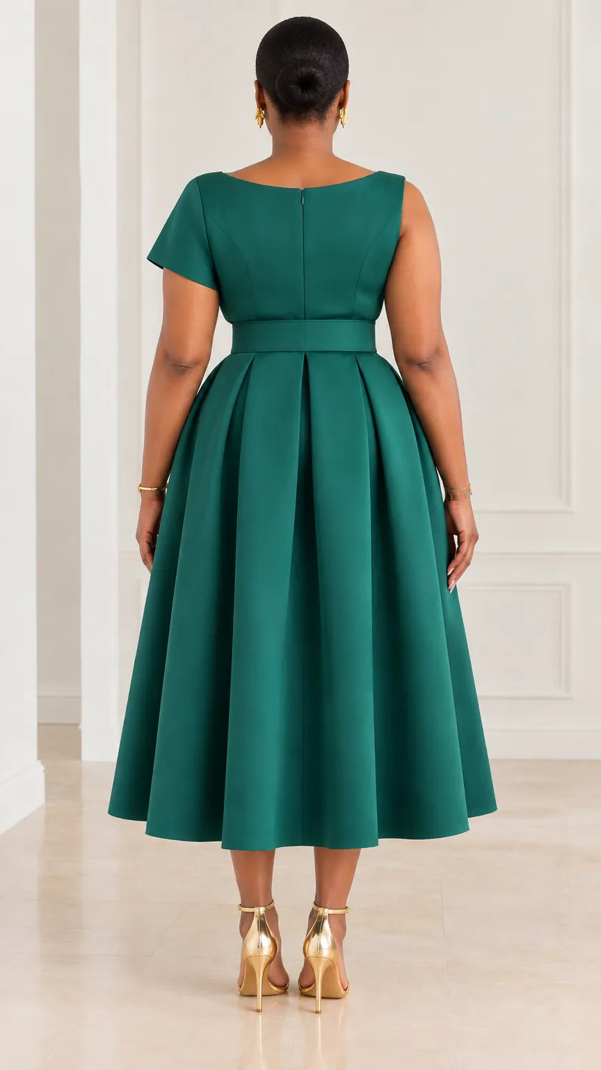 Asymmetrical Neckline Belted Pleated Midi A-Line Cocktail Dress