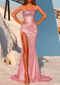 Pink Shiny Strapless Cowl Neck Mermaid Maxi Dress