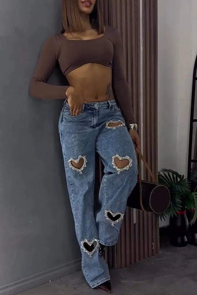 Women's Fashion Heart-shaped Rhinestone Cut-out Washed Jeans