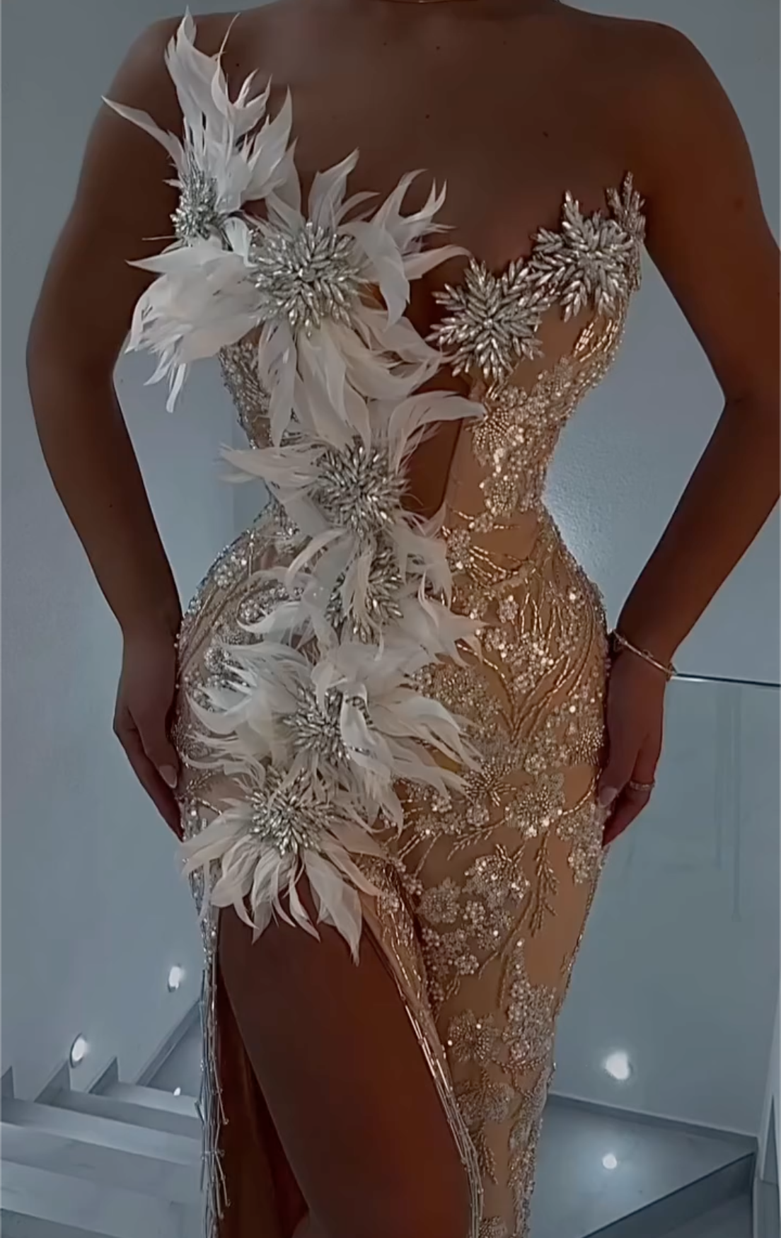 Silver Nude Strapless Feather Mermaid Maxi Dress