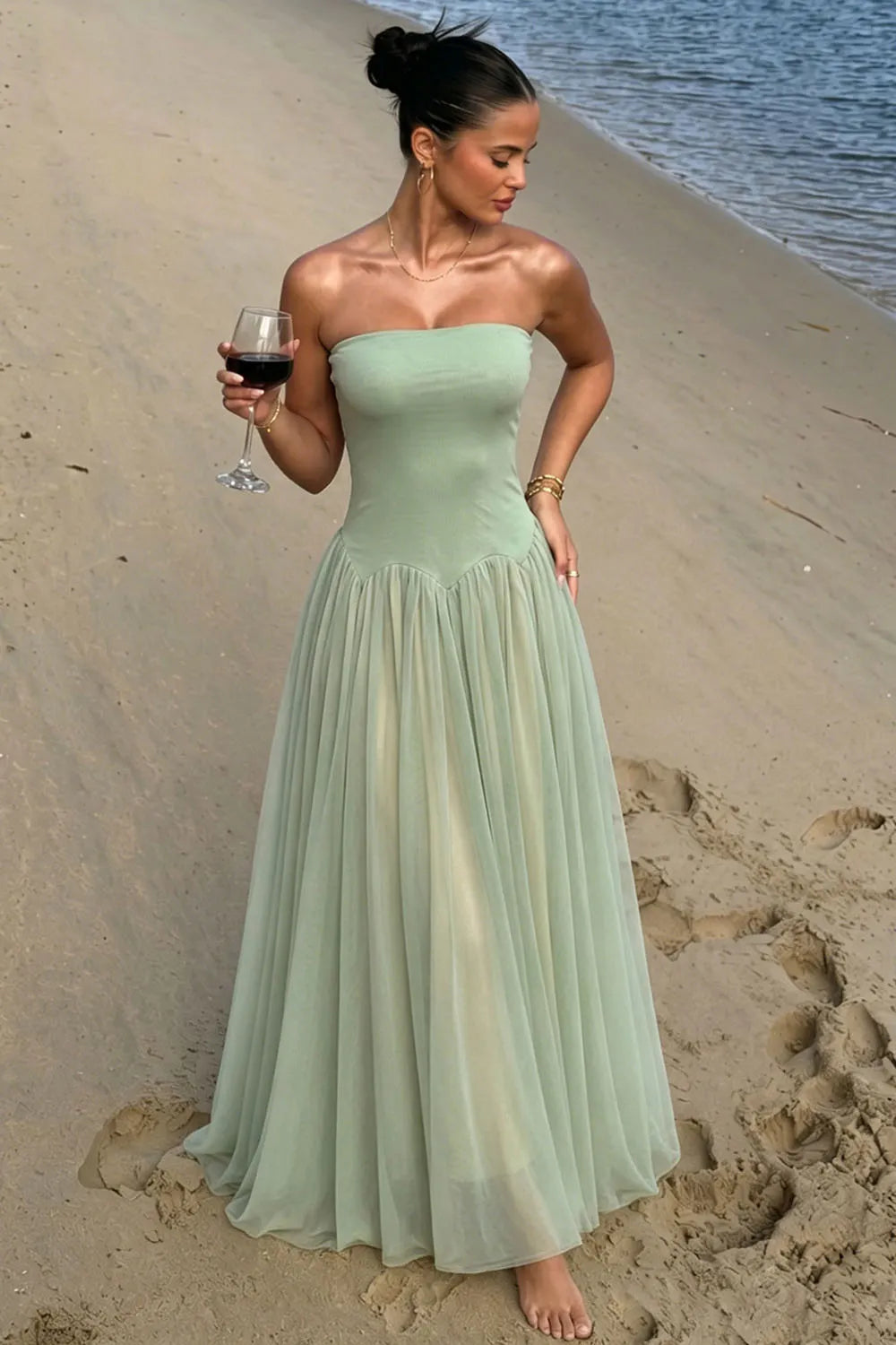 Plain Strapless Cinch Waist Mesh Patchwork Evening Gowns Maxi Dresses-Green