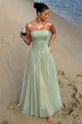 Plain Strapless Cinch Waist Mesh Patchwork Evening Gowns Maxi Dresses-Green