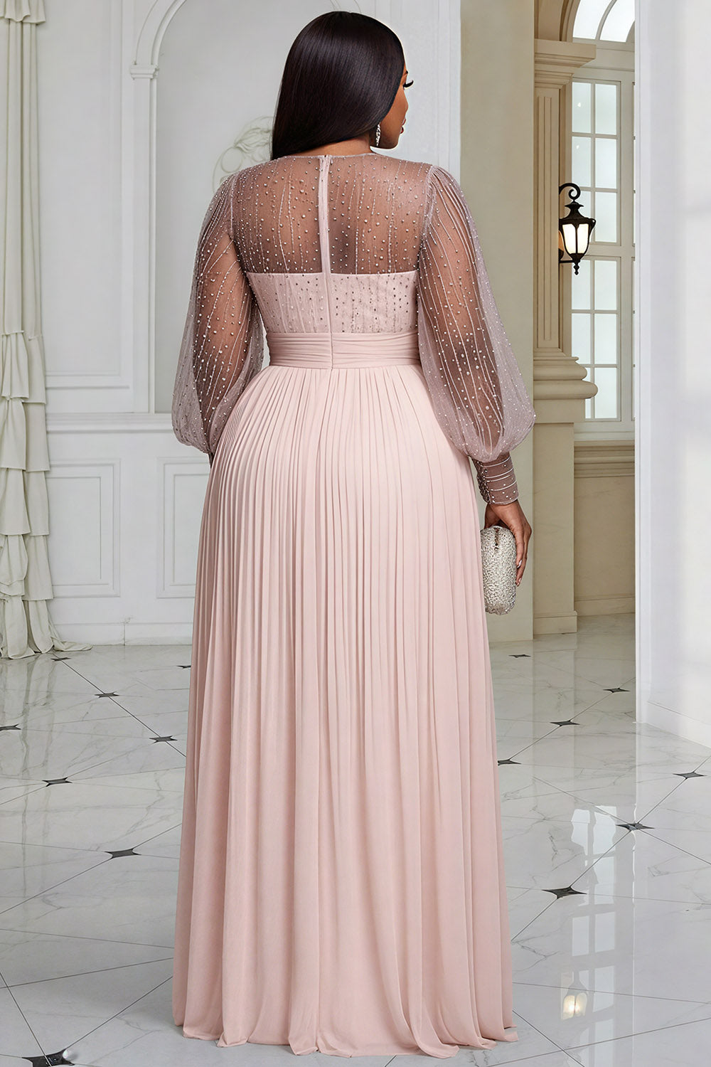 Black Round Neck Long Sleeve Split Elegant See Through Sequin Chiffon Maxi Dresses