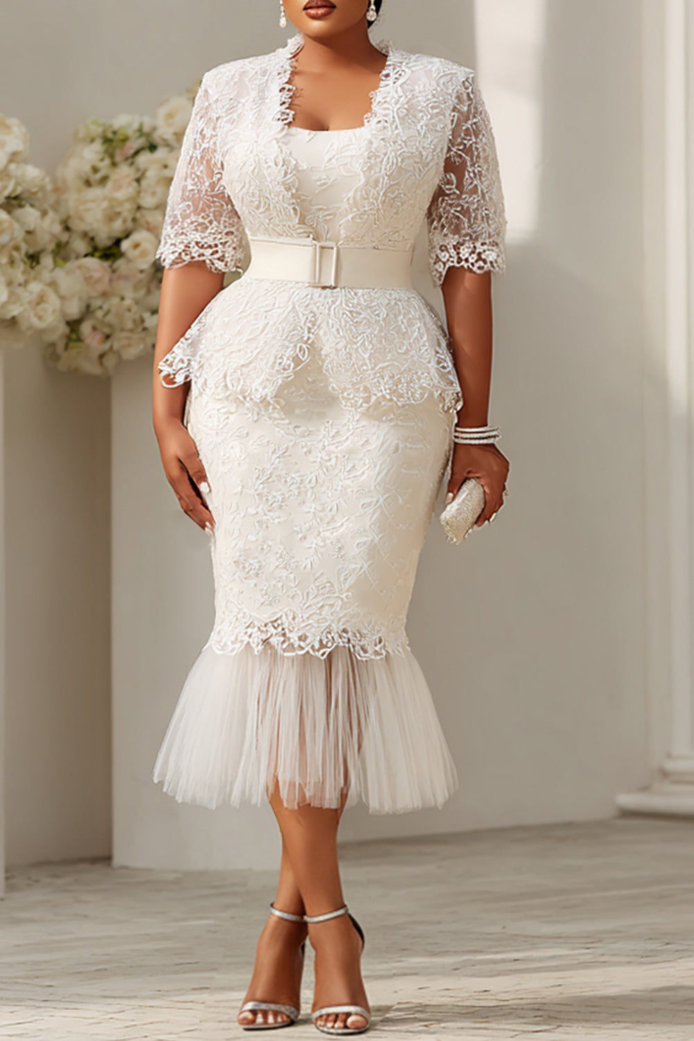 White Short Sleeve Mermaid See Through Lace Two Piece Dress Set
