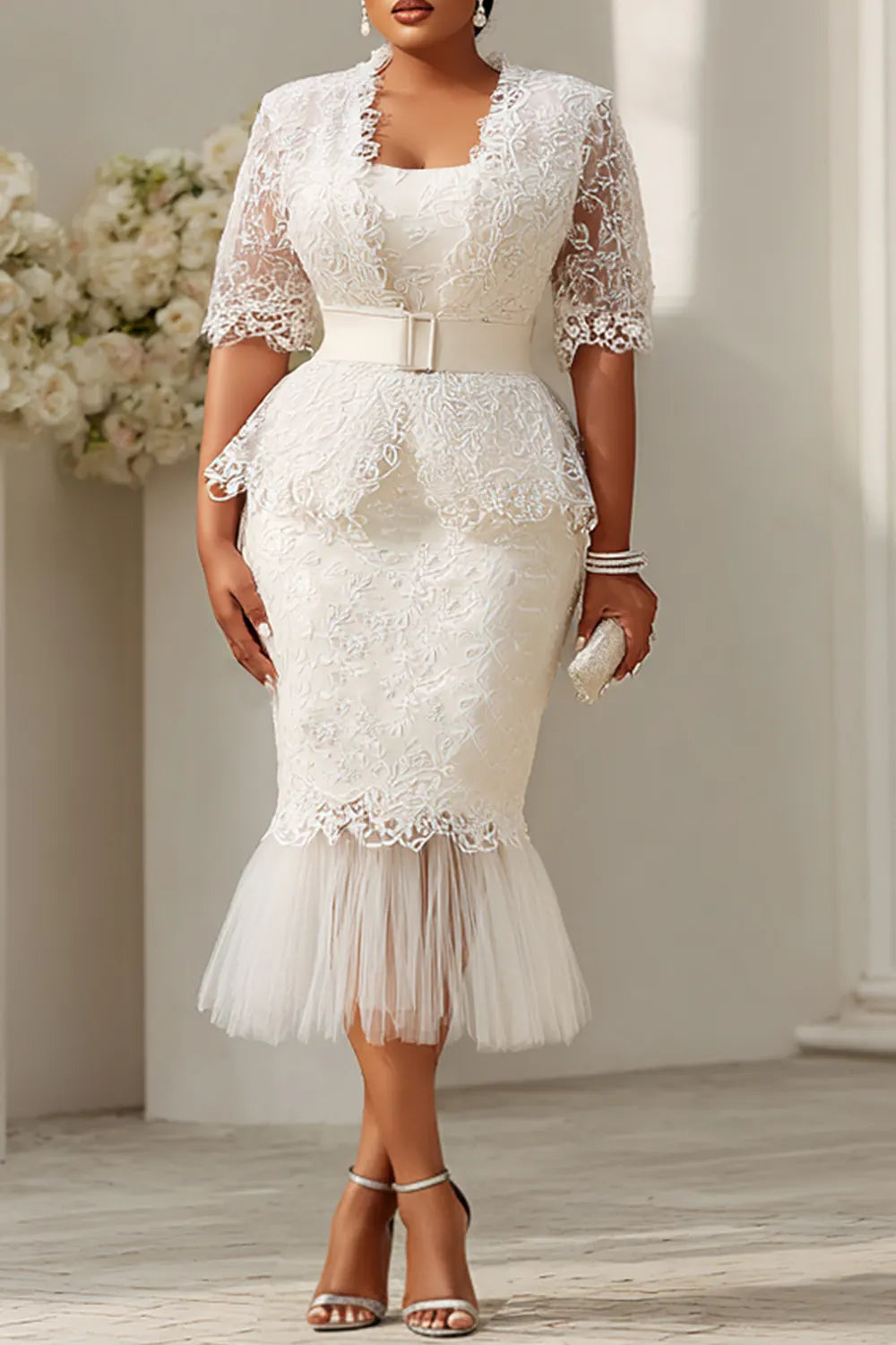 White Short Sleeve Mermaid See Through Lace Two Piece Dress Set