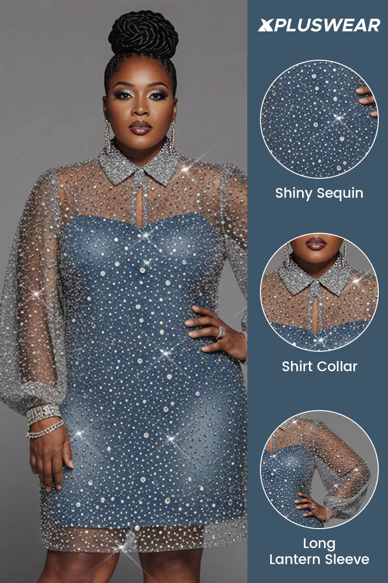 Party Blue Shirt Collar Long Sleeve See Through Sequin Mini Dresses