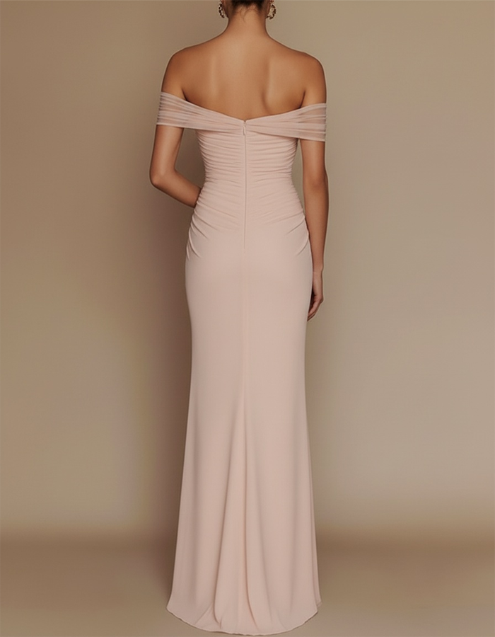 One-Shoulder Mesh-Patched Pleated Mermaid Maxi Dress