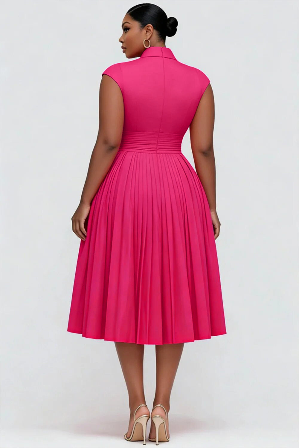Cocktail Party Hot Pink Stand-Up Collar Cap Sleeve Pocket Fold Midi Dresses