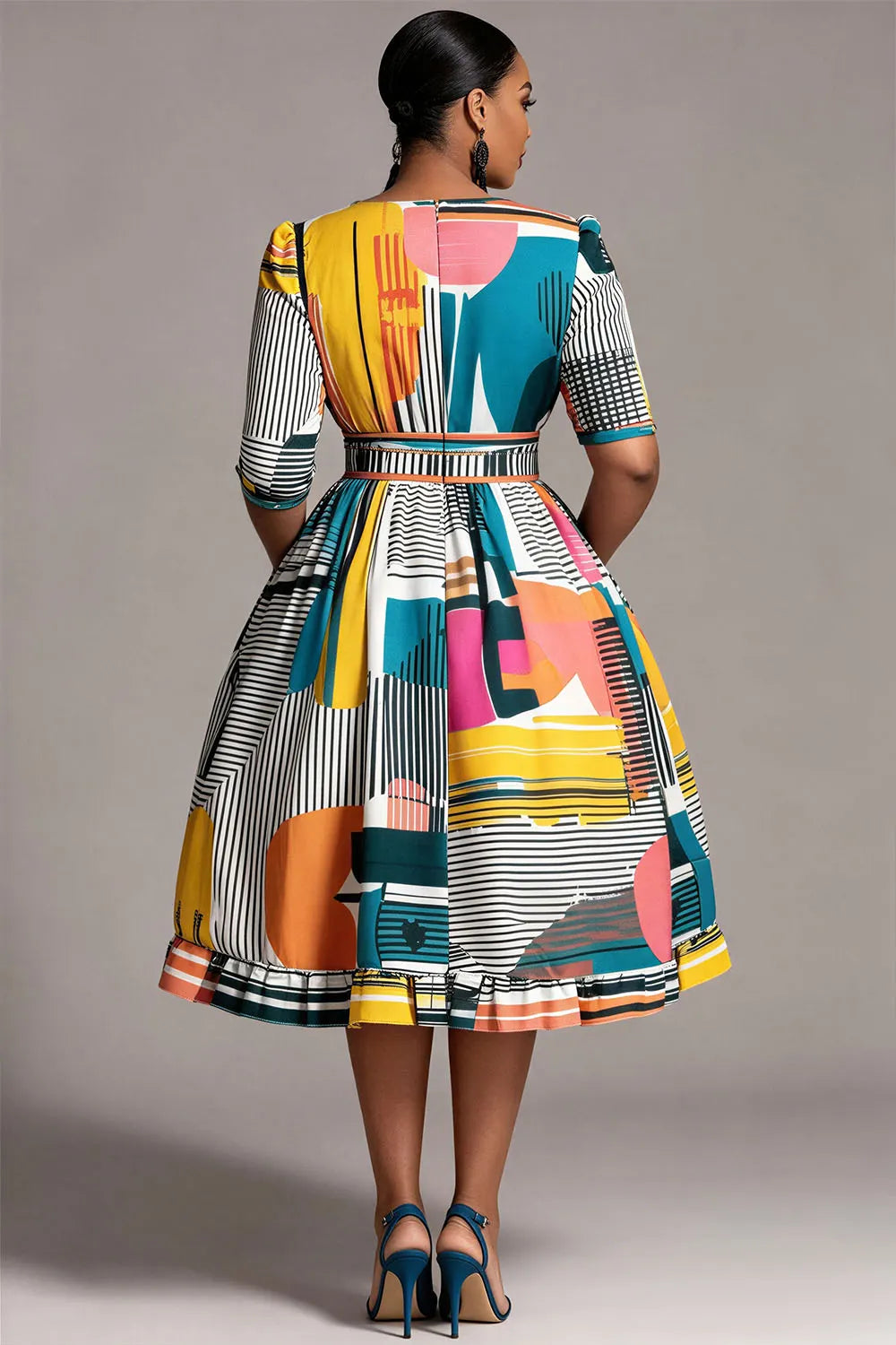 Business Casual Multicolor All Over Print Round Neck Short Sleeve Pocket Midi Dresses