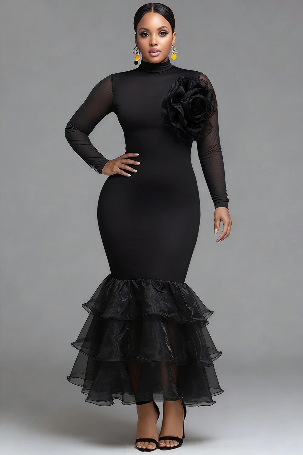 Black Mock Neck Long Sleeve Bodycon Elegant 3D Knitted Maxi Dresses