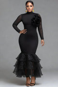 Black Mock Neck Long Sleeve Bodycon Elegant 3D Knitted Maxi Dresses