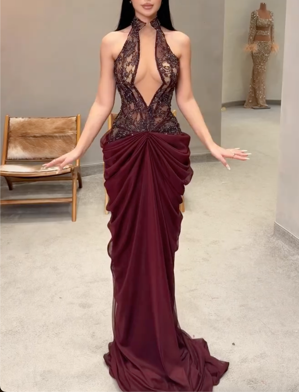 Black, Burgundy & Yellow Halter Lace Cutout Maxi Dress - Chiffon Drape Formal Evening Gown for Women