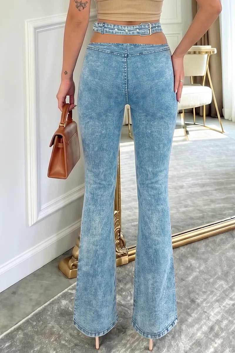 Women's Casual Low Rise Skinny Flared Jeans With Cutout Waistband Design