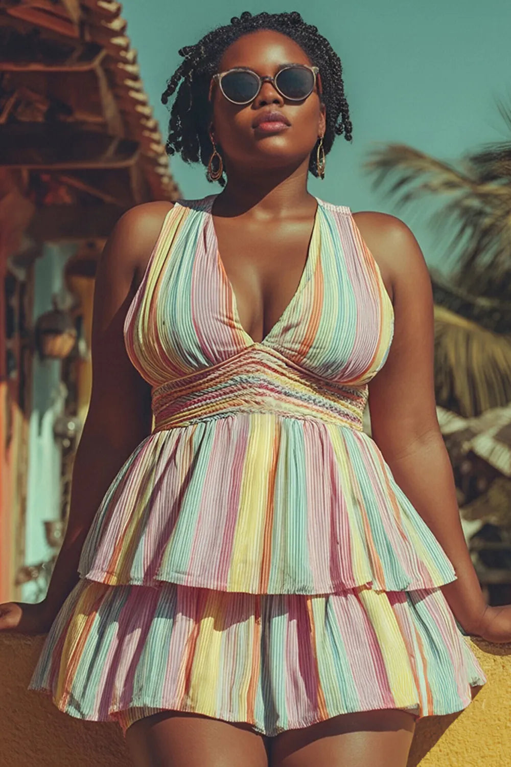 Beach Multicolor Striped V Neck Ruffle Smocking Swimsuit Fabric Swimwear Dress