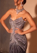 Black & Silver Strapless Corset Beaded Maxi Dress with High Slit
