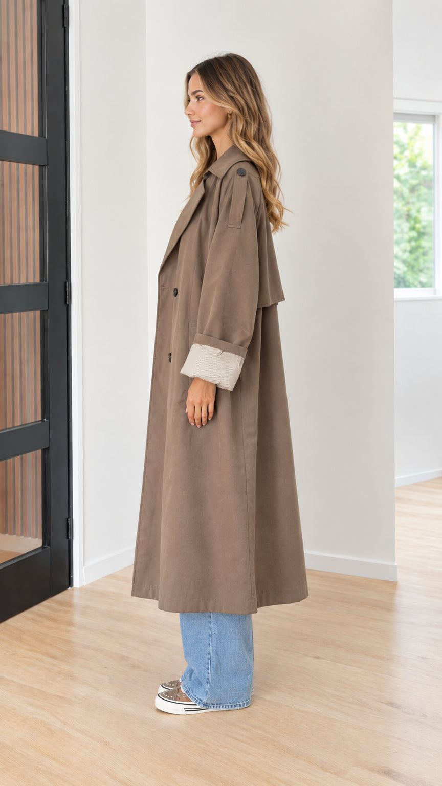 Women's Oversized Maxi Trench Coat with Contrast Ribbed Cuffs