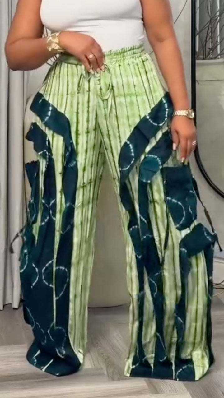 Tie‑Dye Patchwork Ruffled Wide Leg Palazzo Pants For Women