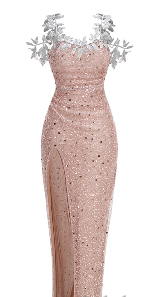 Nude Rhinestone Off-Shoulder Gown with 3D Leaf Detail & High Slit