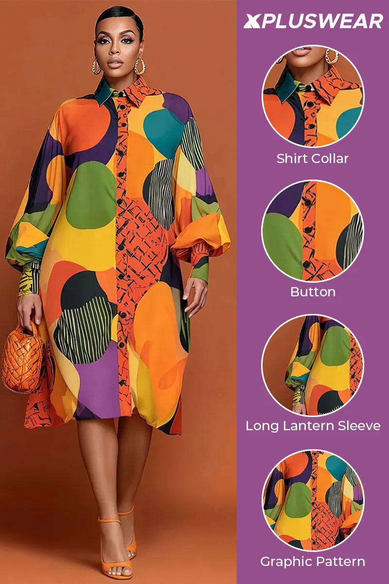 Daily Multicolor Graphic Shirt Collar Lantern Sleeve Long Sleeve Button Pocket Midi Dresses