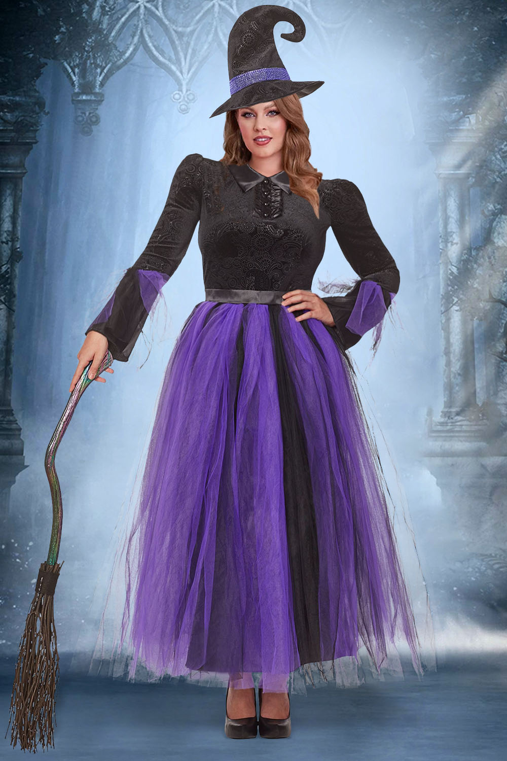 Halloween Costume Purple Cosplay Witches Overlay Mesh Maxi Dress (Without Hat And Cane)(Ships 24h)