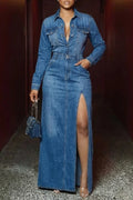 Women's Elegant Versatile Slit Hem Long Sleeve Denim Dress