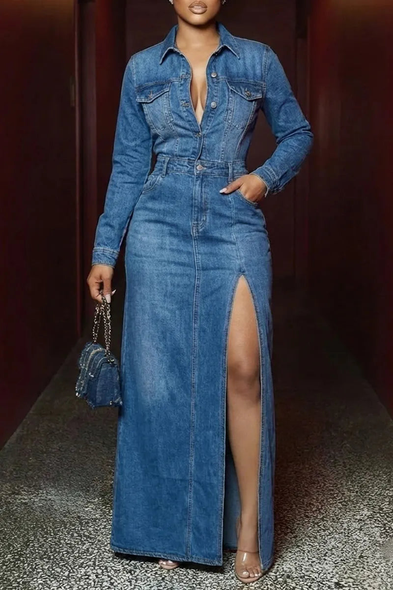 Women's Elegant Versatile Slit Hem Long Sleeve Denim Dress