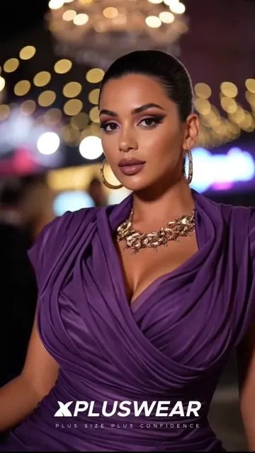 Cocktail Party Elegant Purple Wrap Neck Short Sleeve Fold Asymmetric Hem Tulle Midi Dresses [Pre-Order]