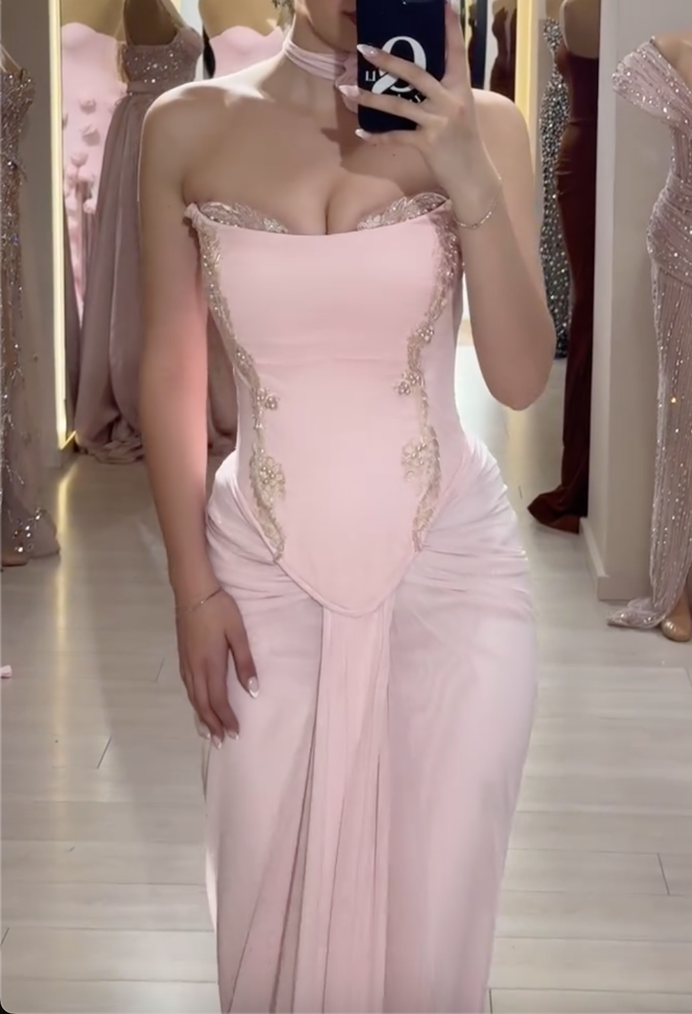 Blush Pink Strapless Maxi Dress with Beaded Lace Trim & Choker Neck Detail