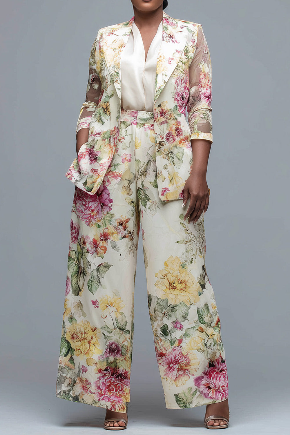 Beige Floral Lapel Collar 3/4 Sleeve See Through Pocket Two Piece Pant Suits