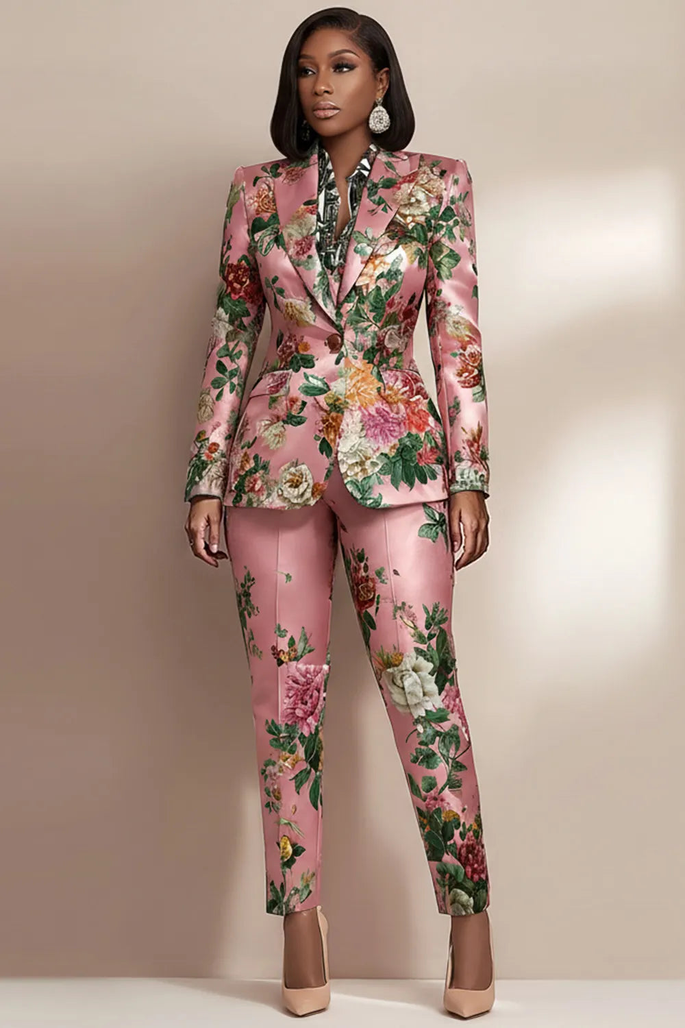 Business Casual Pink Floral Lapel Collar Long Sleeve Pocket Satin Two Piece Pant Suits