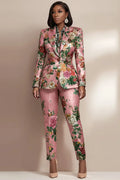 Business Casual Pink Floral Lapel Collar Long Sleeve Pocket Satin Two Piece Pant Suits