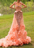 Pink Ruffle Flower Embellished Tulle Maxi Gown