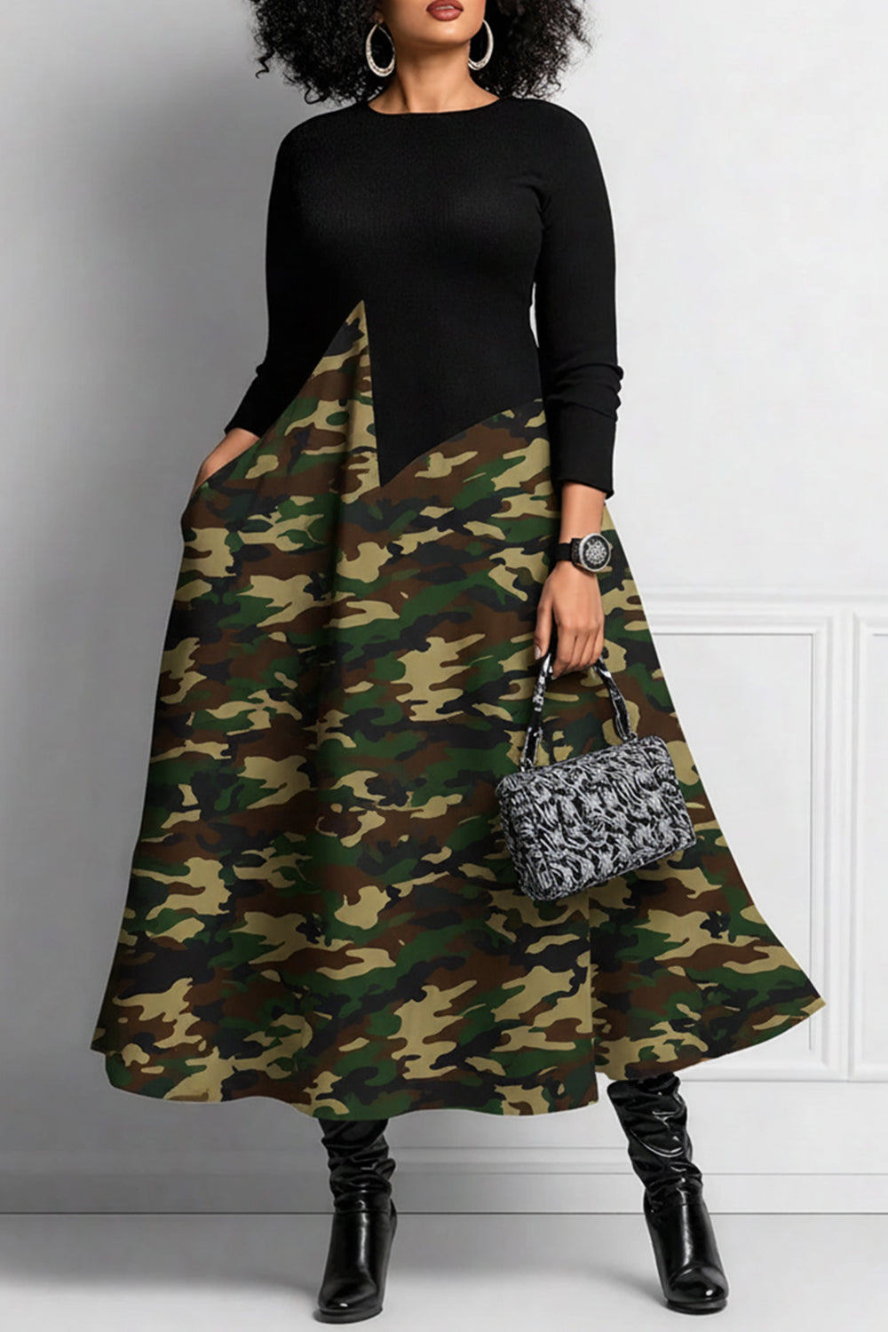 Daily Black Camo Round Neck Long Sleeve Pocket Elegant Midi Dresses