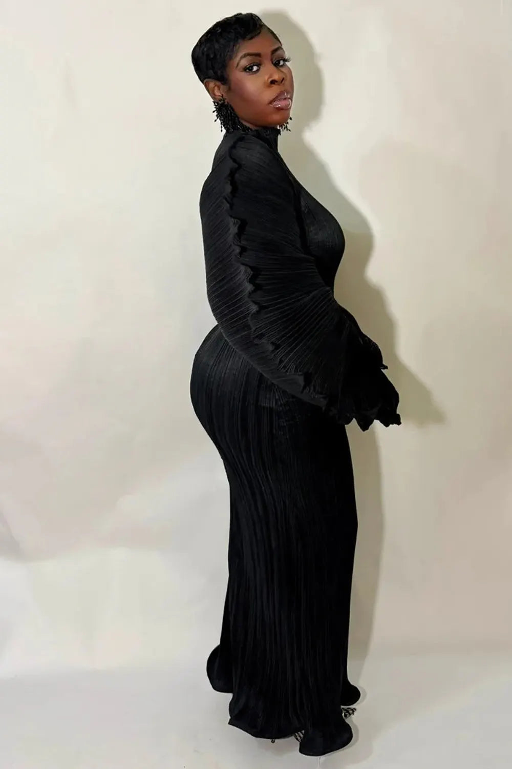 Round Neck Balloon Sleeve Ruched Cinch Waist Solid Color Maxi Dresses-Black