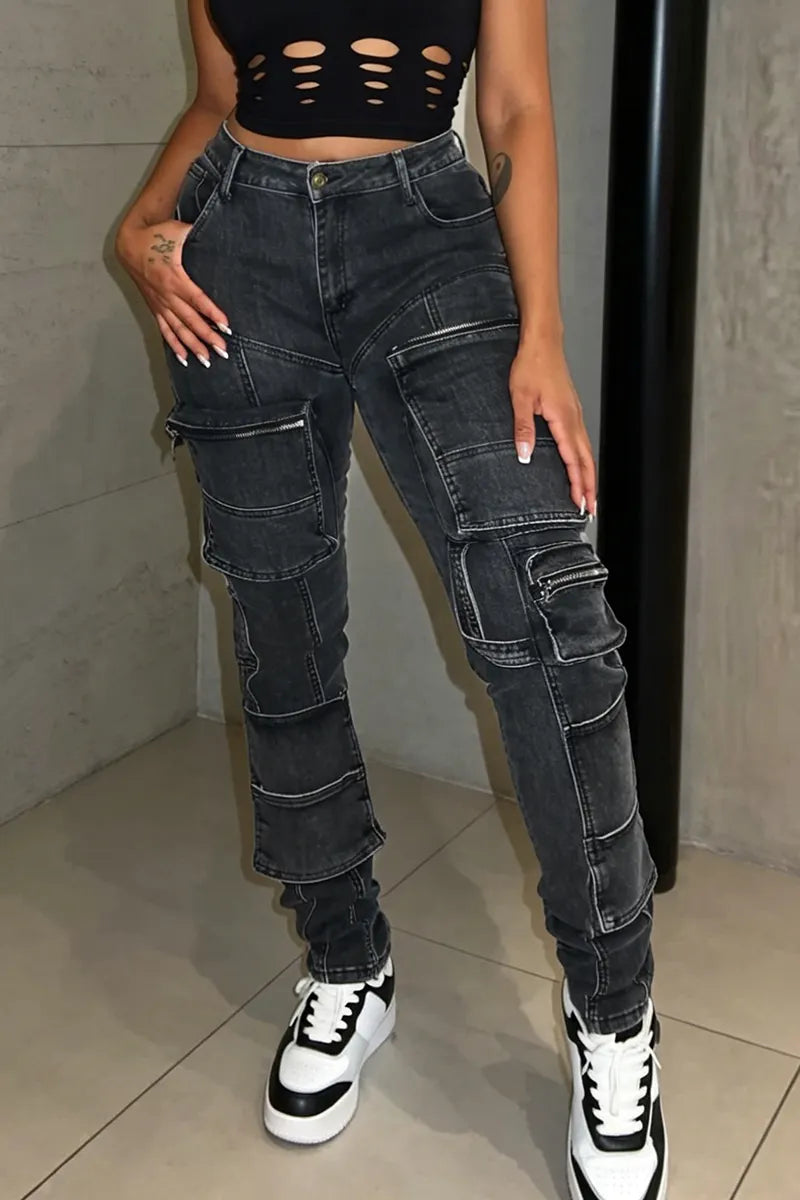 Women's Y2k Zipper Multi Pocket Jogger Jeans
