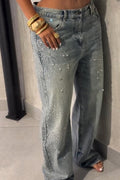 Fashion Rhinestone Washed Wide Leg Jeans