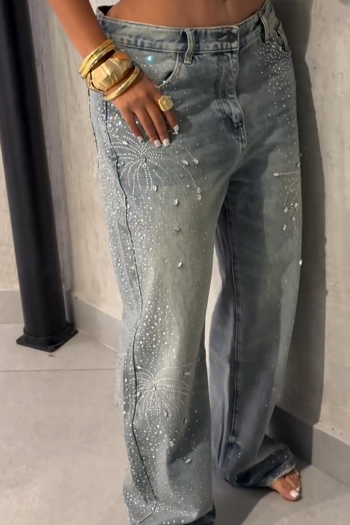Fashion Rhinestone Washed Wide Leg Jeans